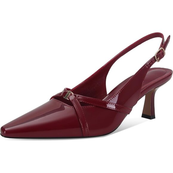Women's Burgundy Pointed Toe Slingback Pumps Low Kitten Heels Dress Shoes - Picture 7 of 7